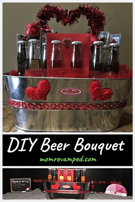 Valentines Baskets For Him, Beer Bouquet, Cheap Valentines Day Gifts, Diy Valentines Day Gifts For Him, Valentines Day Baskets, Diy Beer, Valentine Baskets, Homemade Beer, Mens Valentines Gifts