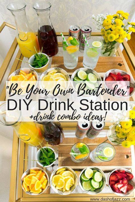 Msg 4 21+ Easy tips for creating a DIY drink station at your next gathering + delicious combination ideas using Smirnoff spiked sparkling seltzers, fresh fruit, herbs, and juices. [ad] By Dash of Jazz via @dashofjazzblog #celebratorysips #celebratewithsmirnoff Cocktail Drink Station, Margarita Table Drink Stations, Drink Garnish Station, Diy Drink Station Party, Build Your Own Drink Bar, Hydration Bar Ideas, Make Your Own Cocktail Bar, Make Your Own Drink Station, Cocktail Bar Party Drink Stations