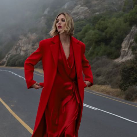 Satin Dress Outfit, Silk Drape Dress, Draped Silk Dress, Red Silk Dress, Red Satin Dress, Tuxedo Dress, Wool Blend Coat, Red Outfit, Draped Dress