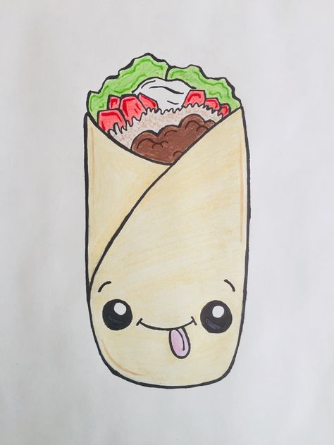 Cute Food Drawings Easy, Food With Faces Drawing, Food Drawings Easy, Easy Drawings Of Fruit, Animal Food Drawing Easy, Taco Drawing Easy, Burrito Doodle, Burrito Drawing, Burrito Drawing Cute