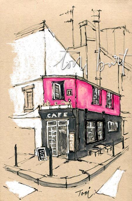 Pink Colour Palettes, Pink Cafe, City Sketch, Pen And Wash, Watercolor Girl, Ink And Watercolour, Architecture Sketchbook, Architecture Design Sketch, Urban Sketches