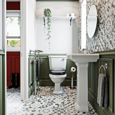 Victorian traditional downstairs toilet ideas Downstairs Toilet Ideas, Toilet Ideas, Art Deco Bathroom, Grey Headboard, Deco Bathroom, Downstairs Toilet, Small Toilet, Basin Vanity Unit, Vintage Inspired Decor