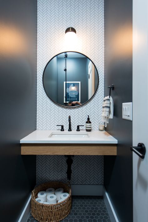 Modern Transitional Half Bath, 2023 Half Bathroom Trends, Bathroom Sink Nook, Half Bath Ceiling Ideas, Tiny Half Bathroom Ideas Modern, Dark Grey Half Bathroom, Half Bath Tile Wall Behind Sink, Backsplash Behind Mirror In Bathroom, Bathroom Tile Behind Mirror