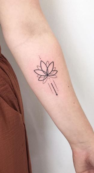 37 Trendy Lotus Flower Tattoos, Ideas, & Meanings - Tattoo Me Now Lotus With Arrow Tattoo, Lotus Arrow Tattoo Design, Feminine Lotus Flower Tattoo, Louts Flower Tattoo Design Small, Lotus Flower Forearm Tattoo, Lotus Flower Tattoo Forearm, Minimalist Lotus Tattoo, Decision Tattoo, Lotus Tattoo Wrist