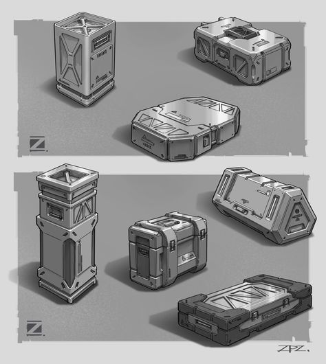 ArtStation - Ammunition boxes, Pengzhen Zhang Sci Fi Objects Concept Art, Sci Fi Object Concept Art, Sci Fi Game Assets, Sci Fi Elements, Sci Fi Assets, Sci Fi Crate, Pengzhen Zhang, Sci Fi Objects, Scifi Props