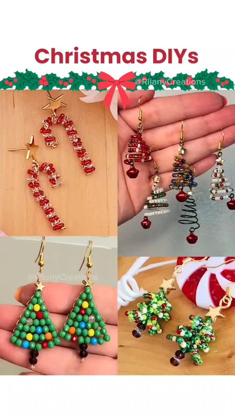 Wendy | Jewelry Making Tutorials | Full tutorial on YouTube! Link in my profile. Here is the tutorial for the Christmas tree earrings. 🎄 These earrings are pretty fun to... | Instagram Christmas Diy Jewelry, Diy Christmas Jewelry Ideas, Christmas Earrings Diy, Holiday Earrings Diy, Diy Christmas Earrings, Christmas Beads Craft, Christmas Jewelry Diy, Beaded Earrings Tutorials, Bead Projects