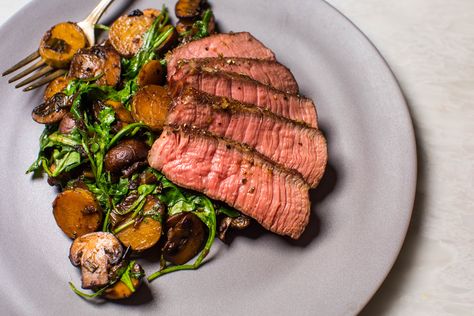 Steak And Potatoes Plating, Ribeye Steak Plating Presentation, Steak Plating Presentation, Steak Plating, Steak Recipes Easy, Wilted Arugula, Steak Mashed Potatoes, Steak And Lobster Dinner, Steak With Mushrooms