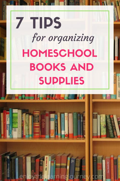 Here are 7 tips for organizing homeschool books and supplies to help you get started. Homeschool Room Book Storage, How To Organize Homeschool Curriculum, How To Organize Library Books At Home, Best Books For Homeschool Library, Organizing Homeschool Books, Homeschool Library, Homeschool Family, Homeschool Hacks, Tips For Organizing