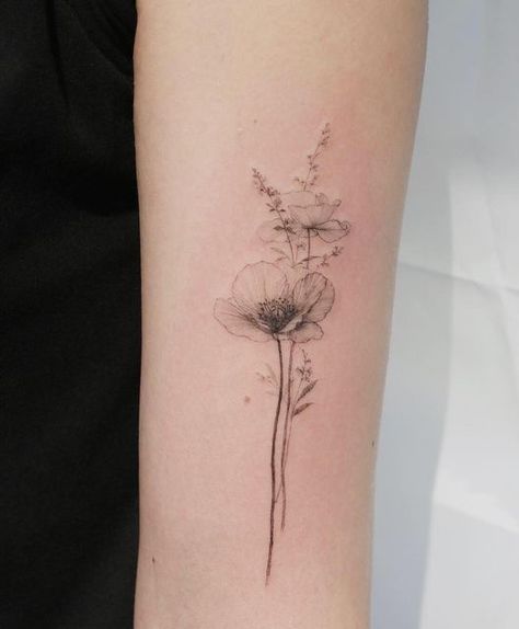 Fine Line Wildflower Tattoo Sleeve, Faded Flower Tattoo, Pointsetta Flower Tattoo, Poppy Arm Tattoos For Women, Poppy And Snowdrop Tattoo, Garden Flower Tattoo, Micro Realism Flower Tattoo, Petunia Tattoo Simple, Poppy Back Tattoo