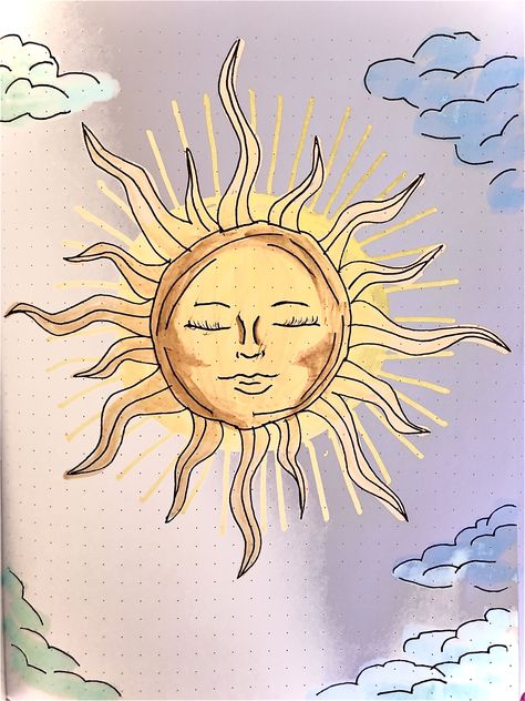 Sun Moon Tattoo Watercolor, Sun With Face Painting, Sun Drawing Aesthetic, Aesthetic Sun Drawing, Sun Face Drawing, Sun Drawing Design, Sun Drawings, The Sun Drawing, Sun And Moon Drawing