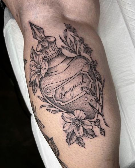 Gothic Potion Bottle Tattoo, Victorian Perfume Bottle Tattoo, Apothecary Jar Tattoo, Apothecary Bottle Tattoo, Crystal Potion Bottle Tattoo, Magical Tattoo Sleeve, Antique Perfume Bottle Tattoo, Love Poison Tattoo, Love Potion Tattoo Bottle