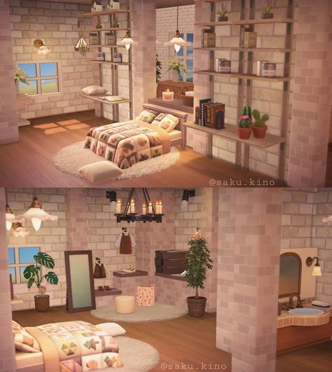 Acnh Upstairs Bedroom Ideas, Acnh Modern Bedroom, Acnh Bedroom Design, Ranch Style Bedroom, Acnh Bedroom, Acnh Hhp, Acnh House, Bedroom With Bathroom, Qr Codes Animal Crossing