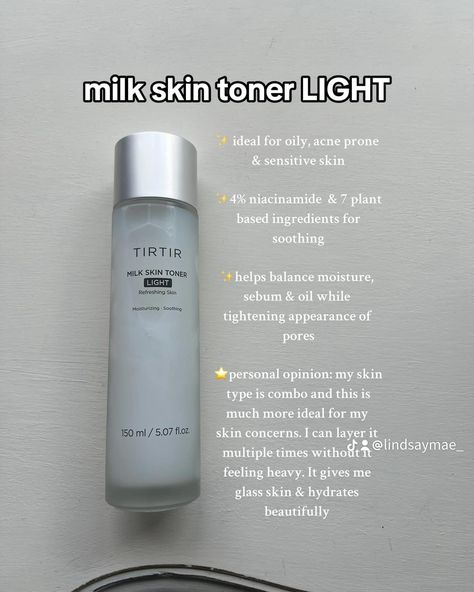 I LOVE both of these @tirtir_global milk skin toners so much. Important reminder: everyones skin is different; what works for me or you may not work for someone else! I have used the original version since December of last year (bought mini trial kit) and loved it so much that i upgraded to full size. It is a heavier feeling on my skin but does not cause any negative side effects! It will give you glass skin!! As soon as TIRTIR announced the LIGHT milk skin toner, i bought it as soon as it... Tir Tir Toner Milk, Tirtir Milk Toner, Japan Essentials, Skin Facts, Skincare Store, Face Skincare, Skin Advice, Olive Young, Combo Skin