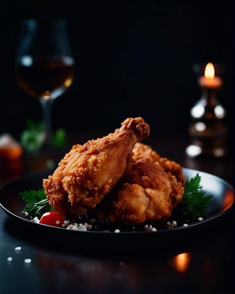 Photo delicious fried chicken on the pla... | Premium Photo #Freepik #photo Fried Chicken Plating, Luxury Eating, Chicken Plating, Cute Little Drawings, Dark Background, Premium Photo, Bending, Dark Backgrounds, Fried Chicken