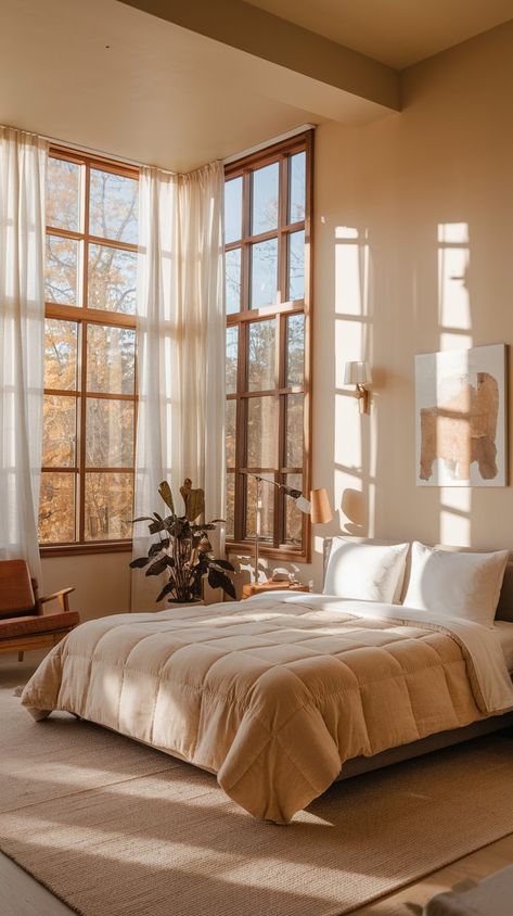 Autumn vibes come alive in this beautifully lit bedroom! 🍁 With clean lines, warm hues, and plush textiles, this modern space invites you to unwind. Let the natural light dance through the windows, illuminating your cozy corner for relaxation and reflection this season. Long Windows Bedroom, Long Windows, Bedroom Retreat, Bedroom Windows, Through The Window, Cozy Corner, Modern Spaces, Modern Bedroom, Home Decor Inspiration