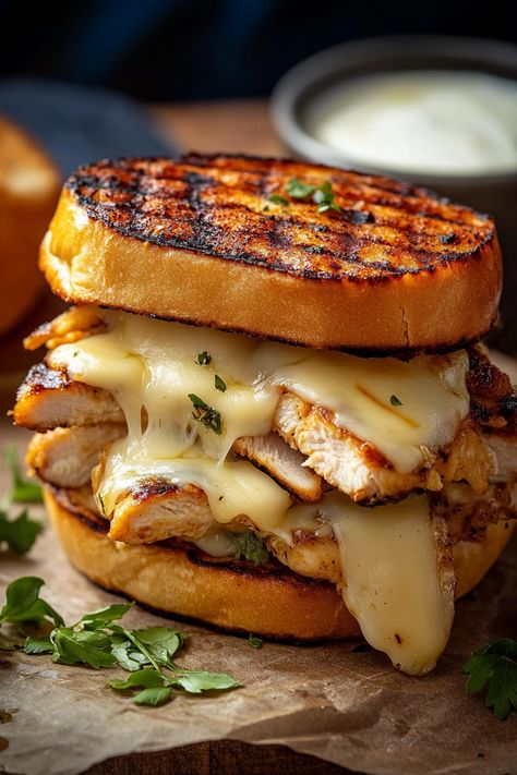 Grilled Chicken Three-Cheese Sandwich Chicken Thigh Sandwich Recipes, Chicken Cheese Sandwich, Chicken Breast Sandwich Recipes, Juicy Grilled Chicken Breast, Sourdough Sandwich Bread Recipe, Grilled Chicken Sandwich Recipes, Food Studies, Chicken Breast Sandwich, Juicy Grilled Chicken