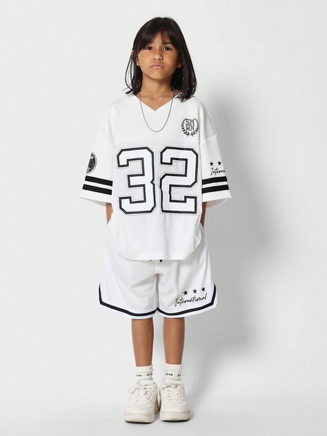 White Casual Collar   Colorblock,Letter,Striped  Embellished Medium Stretch  Tween Girls Clothing Varsity Tee, Girls Baseball, Baseball Girls, Baseball Jersey, Kids Sports, Baseball Jerseys, Jersey Tee, White Casual, 2 Piece Set