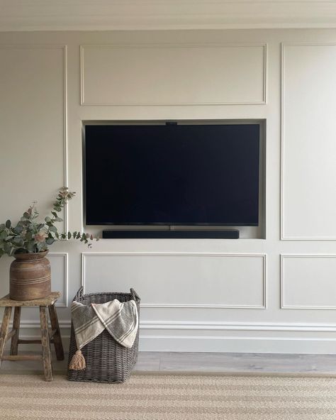 Large Screen Tv Wall Ideas, Media Wall Paneling, Tv Hanging On Wall Ideas, Panelled Tv Wall, Flush Tv Wall, Tv Joinery, Wall Hung Tv, Large Tv Wall Ideas, Recessed Tv