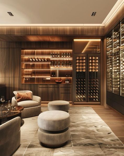 Wine Wall Next To Fireplace, Penthouse Bar Design, Living Room Wine Cellar, Modern Classic Interior Design Luxury, Wine Bar Interior Design, Modern Wine Room, Wine Cellar Room, Wine Cabinet Design, Cellar Inspiration