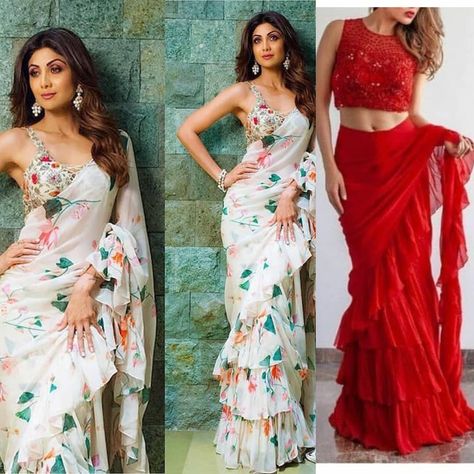 For details / order please dm or Whatsapp on +919824585262 . . #hotdeal #bridesmaids #bridallengha #punjabisuit #weddingfashion… Shilpa Shetty, Ruffle Saree, Rakul Preet, Saree Design, Saree Trends, Indian Clothes, Indian Sari, Stylish Sarees, Saree Look