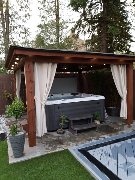 Outdoor Gazebos Hot Tub, Hot Tub Tv Ideas Backyard, Hot Tub Gazebo Ideas Privacy Screens, Hot Tub Pathway, Patio Canopy Ideas Gazebo, Hot Tub And Bar Ideas, Hot Tub Curtains, Hot Tub Concrete Patio, Outdoor Hot Tub Landscaping