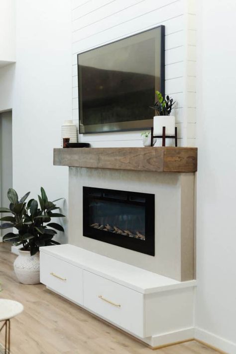 Diy Electric Fireplace With Mantle, Half Fireplace Wall, Recessed Tv Over Fireplace, Electric Fireplace Diy, Building Fireplace, Electric Fireplace With Storage, Adding A Fireplace, Fireplace Stand, Basement Update