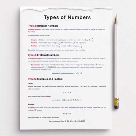 Types of Numbers Understanding the different types of numbers is key to other areas of maths. Types of numbers is all about terminology and knowing what each number actually is. Types Of Numbers Math, Types Of Numbers, Maths Study, Sat Math, Decimal Number, Irrational Numbers, Rational Numbers, Math Notes, Type 4