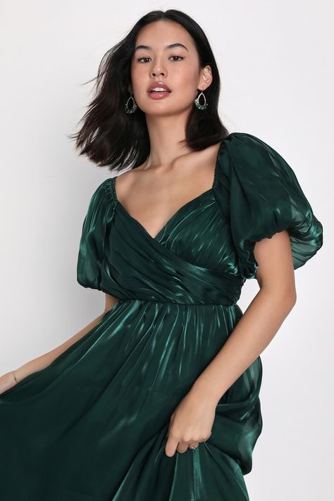 Green Formal Dresses, Emerald Green Dresses, Lulu Fashion, Organza Dress, Green Bridesmaid Dresses, Pleated Bodice, Tiered Midi Dress, Green Midi Dress, Puffed Sleeves Dress