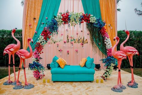 3 Amazing New Mehendi Colour Schemes That Are Totally Blowing Our Minds! | WedMeGood Mehendi Decor Ideas, Mehendi Decor, Flamingo Theme, Mehndi Decor, Indian Wedding Planning, Tropical Party, Wedding Function, Party Photo Booth, Photo Booth Backdrop