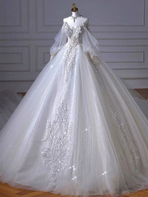 Princess Wedding Dress Illusion O-neck Long Sleeve Pure Handmade Embroidery Applique Beading Formal Gown Sleeves, Wedding Dress Illusion, Tulle Wedding Dresses, Hot Prom Dress, Luxury Brides, Princess Ball Gowns, Ball Gown Skirt, Princess Wedding Dress, Dream Wedding Ideas Dresses