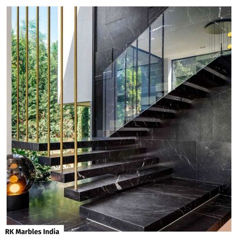 Staircase designed with luxuriously contemporary fully black marble steps against the black marble tile wall.  For any query contact us +91-9928979999 Website 👇 🌏- www.rkmarblesindia.com  #marble #marblestaircase #whitemarble #rkmarblesmakrana #rkmarblesindia #india #indianstones #stones #indianmarble #beautyofindia #modernlook #stairs #marblebathroom #bathroom #basin #washbasin #marblebasin #interior Cool House Features, Contemporary Staircase Design, درج السلم, Marble Staircase, Contemporary Staircase, Marble Stairs, Houses In France, Timber Ceiling, Plans Architecture