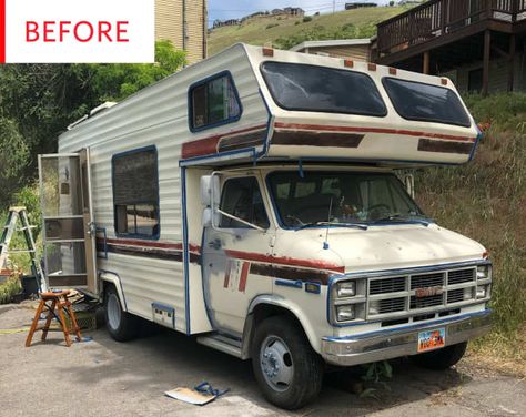 This vintage RV has been torn down, fixed back up, and glittered, dangled, and frocked within an inch of its life. READ MORE... Class C Motorhome Makeover, Class C Rv Remodel Before And After, Remodeling Rv, Motorhome Makeover, Remodel Camper, Small Travel Trailer Remodel, Shabby Chic Campers, Camper Storage Ideas Travel Trailers, Small Travel Trailer