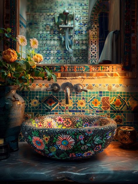 25 Enchanting Boho Bathroom Sink Designs You'll Love - Home Made Graceful Diy Boho Bathroom, Boho Bathroom Sink, Small Boho Bathroom, Southwest Farmhouse, Mexican Style Bathroom, Bathroom Sink Ideas, Mom Bathroom, Mexican Sink, Boho Rooms