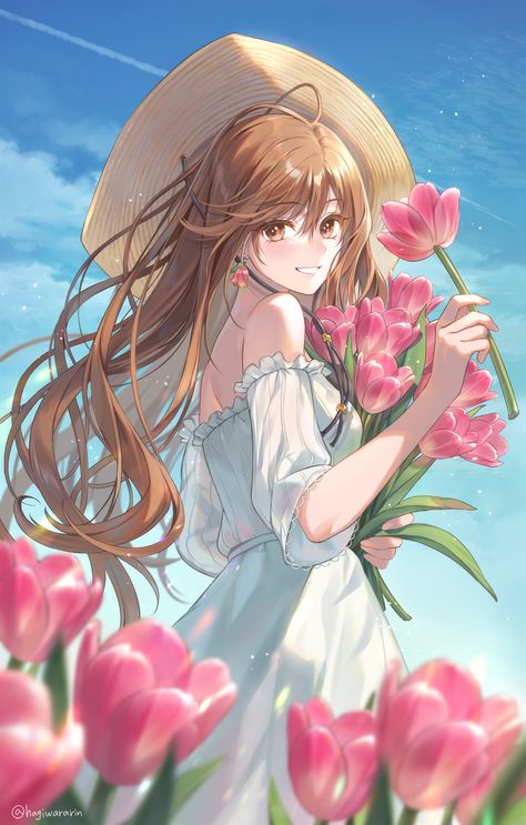 Safebooru - 1girl bare shoulders blue sky blurry blurry foreground bouquet breasts brown eyes brown hair chin strap clouds commentary contrail cowboy shot day dress earrings english commentary floating hair flower flower earrings frilled dress frills from side hagiwara rin hair between eyes hat highres holding holding bouquet holding flower jewelry long hair looking at viewer looking to the side off-shoulder dress off shoulder original outdoors parted lips pink flower short sleeves sky small bre Holding Shoulder Pose, Holding Bouquet, Looking To The Side, Frilled Dress, Floating Hair, Parted Lips, Dress Earrings, Brown Eyes Brown Hair, Giving Flowers