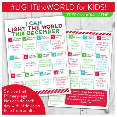 FREE DOWNLOAD // LDS LIGHT the WORLD Service Calendar for Kids! Lds Light The World, Lds Christmas, Light The World, Ward Christmas Party, Calendar For Kids, Activity Day Girls, Christ Centered Christmas, Christmas Service, Christmas Campaign