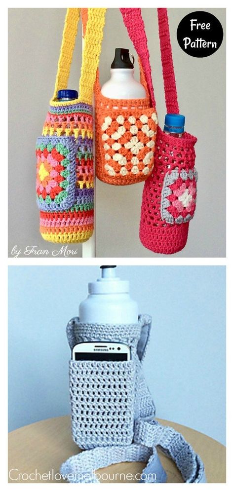 Granny Square Water Bottle Holder Free Crochet Pattern #freecrochetpattern #crochetpattern #bottleholderfreepattern #easycrochetpattern Crochet Water Bottle Holder With Pocket Pattern Free, Crocheted Water Bottle Holder Free, Free Crochet Pattern Water Bottle Holder, How To Crochet A Water Bottle Bag, Crochet Water Bottle Holder Granny Square, Crochet Water Bottle Holder Pattern Free Easy, Granny Square Bottle Holder, Free Crochet Water Bottle Holder, Crochet Water Bottle Pattern