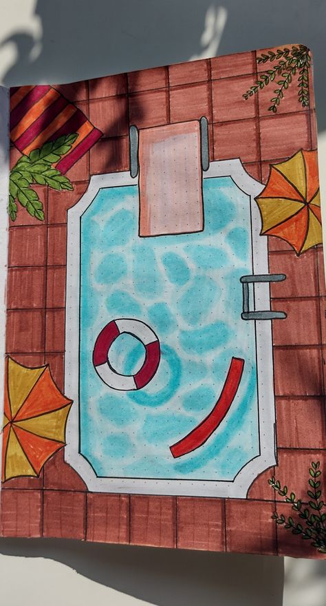 Swimming Pool Drawing Easy, Pool Drawing Simple, Summer Sketchbook Ideas, Pool Bullet Journal, Swimming Drawing Easy, Summer Drawing Ideas Creative, Color Pencil Sketches Sketchbooks, Swim Drawing, Pool Sketch