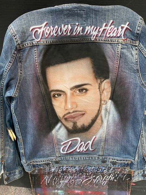 Memorial airbrushed denim jacket to keep your loved ones with you. 𝘐𝘯 𝘭𝘰𝘷𝘪𝘯𝘨 𝘮𝘦𝘮𝘰𝘳𝘺 𝘰𝘧 𝘢𝘭𝘭 𝘰𝘧 𝘵𝘩𝘰𝘴𝘦 𝘨𝘰𝘯𝘦 𝘵𝘰𝘰 𝘴𝘰𝘰𝘯. 𝘈𝘪𝘳 𝘎𝘳𝘢𝘱𝘩𝘪𝘤𝘴 𝘤𝘢𝘯 𝘤𝘳𝘦𝘢𝘵𝘦 𝘺𝘰𝘶𝘳 𝘥𝘦𝘴𝘪𝘨𝘯 𝘰𝘳 𝘪𝘥𝘦𝘢 𝘸𝘪𝘵𝘩 𝘢𝘪𝘳𝘣𝘳𝘶𝘴𝘩,𝘱𝘳𝘪𝘯𝘵𝘦𝘥 𝘱𝘩𝘰𝘵𝘰 𝘰𝘳 𝘭𝘦𝘵𝘵𝘦𝘳𝘪𝘯𝘨.𝘌𝘮𝘢𝘪𝘭 𝘶𝘴 𝘢𝘯𝘺𝘵𝘪𝘮𝘦 𝘪𝘯𝘧𝘰@𝘢𝘪𝘳𝘨𝘳𝘢𝘱𝘩𝘪𝘤𝘴𝘴𝘵𝘰𝘳𝘦.𝘤𝘰𝘮. 610-921-8300. Big 30, Airbrush T Shirts, Plain Jacket, Custom Airbrushing, Vinyl Printing, Printed Photo, Gone Too Soon, Vinyl Signs, Unique Words