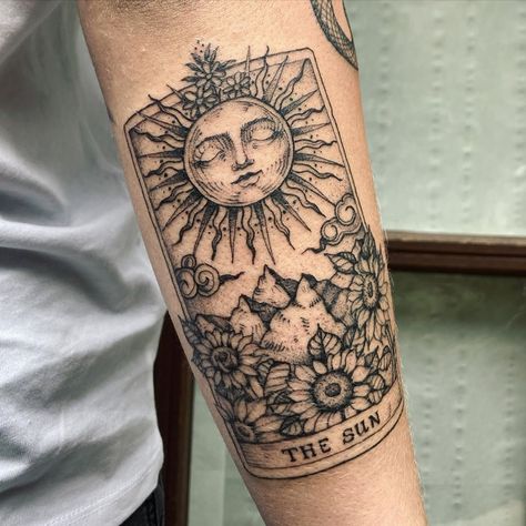 Solstice Tattoo, The Sun Tarot Card Tattoo, Tarot Tattoos, Card Tattoos, Witchy Tattoos, Cool Tattoos For Girls, Cupid Tattoo, Tarot Card Tattoo, Tarot Tattoo