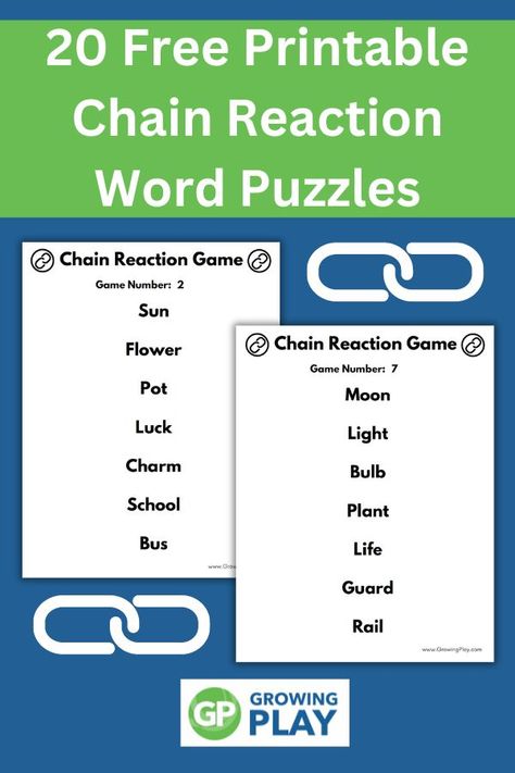 Chain Reaction Word Game - Free Printable - Growing Play Blank Slate Game Word List, Chain Reaction Game, Word Chain Activity, 25 Words Or Less Game Diy, Chain Reactions For Kids, English Speaking Game, Printable Word Games, Two Word Phrases, Word Games For Kids