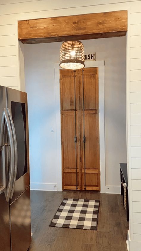 Bifold Doors For Pantry, Mini French Doors For Pantry, Pantry Wood Door Ideas, Narrow French Door Pantry, Double Swinging Pantry Doors, Double Wood Pantry Doors, Pantry With Folding Doors, Bifold Basement Door, Pantry Door That Looks Like Cabinets