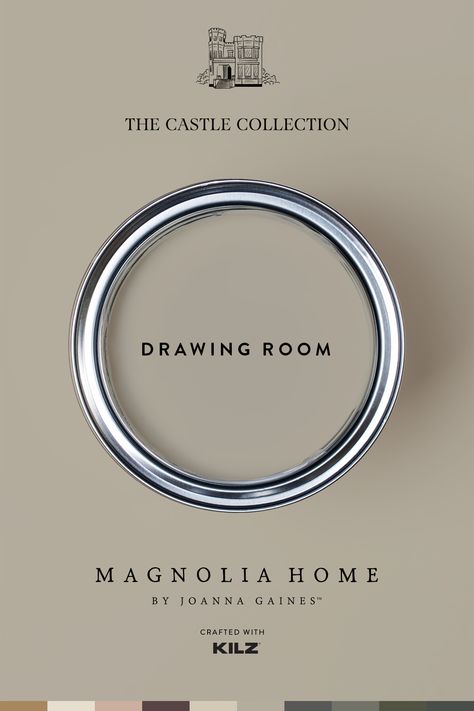 “Named after one of my favorite rooms in the castle, I love the subtle character and charm this gray shade brings to a space.” – Joanna Gaines This soft French gray color is one of ten new paint shades in the Castle Collection from Magnolia Home by Joanna Gaines® paint. Magnolia Drawing Room Paint, Shiplap Colors Joanna Gaines, Magnolia Homes Luxe Paint, Stoneware Pieces Magnolia Paint, Magnolia Estate Paint Color, Magnolia Home Castle Collection, Quaint Cottage Magnolia Paint, Renewed Magnolia Paint, Pearly Cotton Magnolia Paint