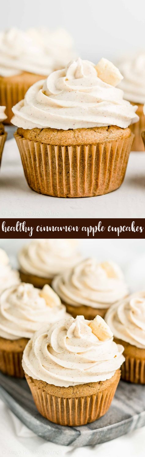 Healthy Cinnamon Apple Cupcakes – only 114 calories, including the cinnamon frosting! They're so moist & tender, thanks to Greek yogurt! They taste like apple pie! SO good! ♡ healthy apple cupcakes with greek yogurt. apple cupcakes recipe from scratch. healthy low calorie dessert. clean eating healthy cupcakes with whole wheat and gluten free options. #healthyrecipes Healthy Oat Cupcakes, Clean Eating Cake, Healthy Cupcake Recipes, Pudding Frosting, Cinnamon Frosting, Cupcake Recipes From Scratch, Cinnamon Cupcakes, Mug Cake Healthy, Healthy Cupcakes