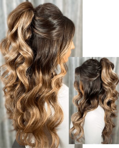 Half Up Half Down Hair Volume, Voluminous Half Up Half Down, Half Up Curled Hair, Hairstyle For Girls Wedding, Hair Down Ideas, Hair For Graduation, Curls For Prom, Braided Prom Hairstyles, Side Swept Hair