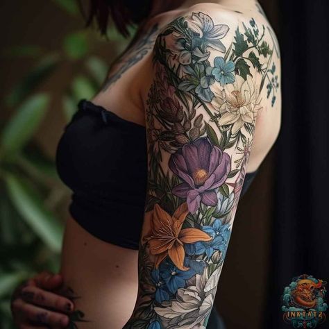 Blooming in July: The Beauty of Birth Flower Tattoos: 95 Designs - inktat2.com Floral And Lace Tattoo, Pnw Tattoo Sleeve, Witchy Botanical Tattoo, Wild Flower Tattoo Sleeve, Tattoo Sleeve Color, Birth Flower For July, Flower For July, Pnw Tattoo, Hibiscus Tattoo