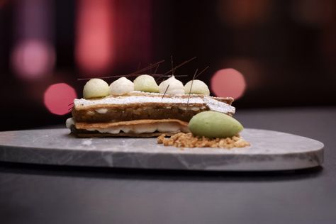 Dessert Masters Recipe Smoked Vanilla Mille Feuille Apple Sorbet Apple Mille Feuille Recipe, Apple Sorbet, Pickled Apples, Brunch Salad, Chocolate Garnishes, Icing Frosting, Frozen Chocolate, Fruit Jelly, Crumble Topping