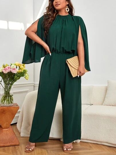 Dark Green Jumpsuit Plus Size, Nb Outfit, Fancy Jumpsuit, Leg Of Mutton Sleeve, Split Hem Dress, Business Formal Dress, Coachella Dress, Asymmetrical Hem Dress, Shein Pants