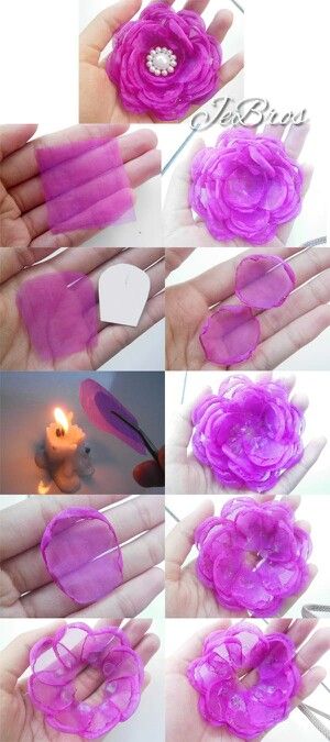 Purple Organdi flower Organdy Flowers, Sewing Flowers, Ribbon Flowers Diy, Making Fabric Flowers, Lapel Pins Mens, Paper Flower Backdrop, Ribbon Art, Fabric Flowers Diy, Balloon Decorations Party