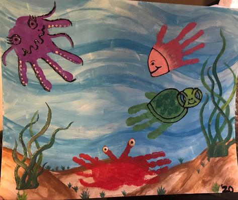 Sea Animals Handprint Art, Starfish Handprint Craft, Sea Creature Handprint Art, Under The Sea Handprint Art, Handprint Sea Creatures, Dolphin Craft, Handprint Painting, 1st Grade Crafts, Kids Canvas Painting