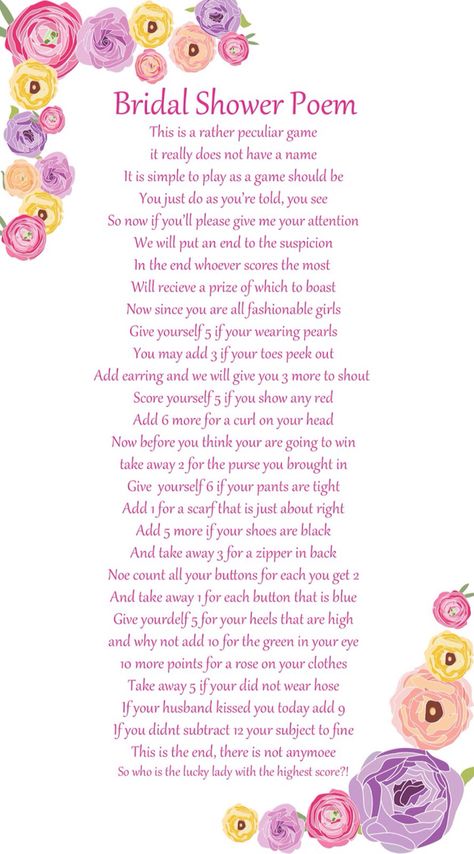 Bridal shower poem Bridal Shower Poem, Bridal Shower Poems, Funny Baby Shower Games, Simple Bridal Shower, Fun Bridal Shower Games, Bridal Games, Wedding Shower Games, Tea Party Bridal Shower, Bridal Shower Brunch